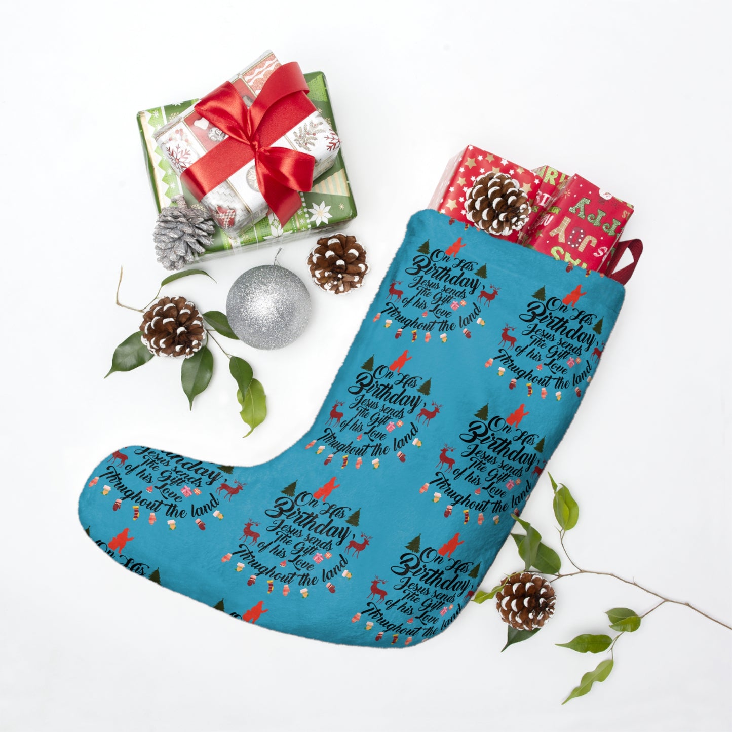 Christmas Stocking-On Jesus Birthday-Turquoise